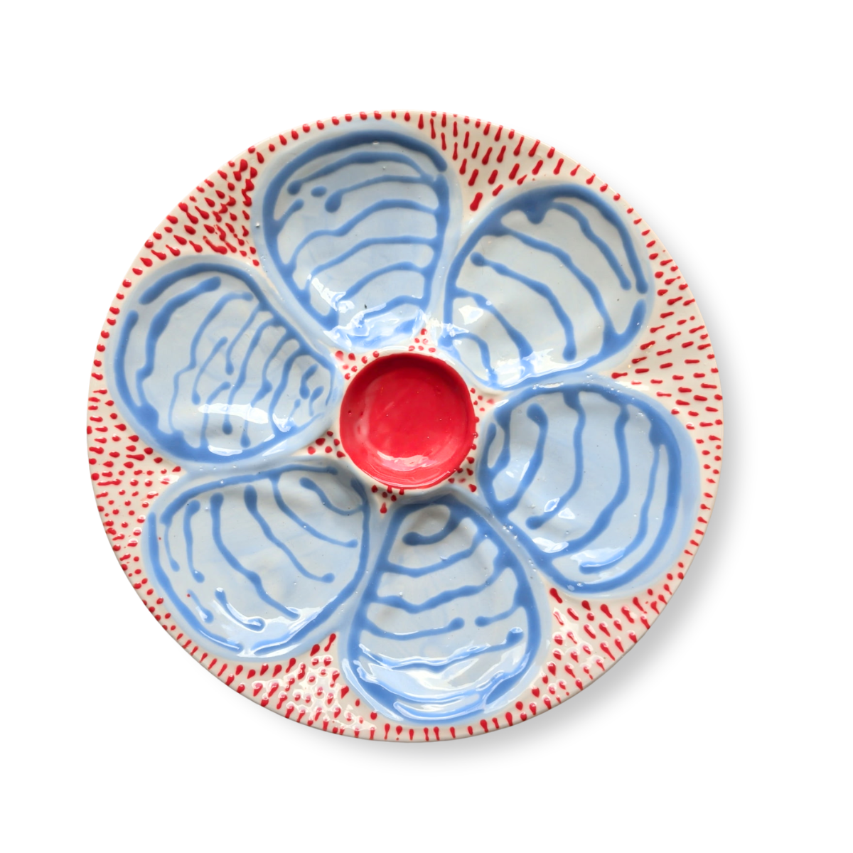 Hand-Painted Oyster Plate, Red Splash & Blue