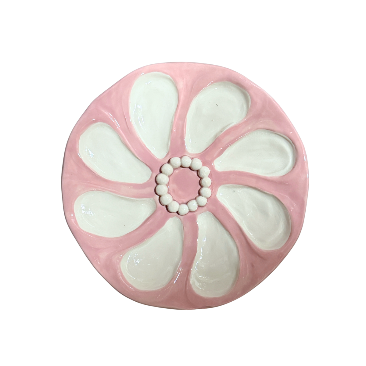 Hand-Painted Oyster Plate, Beaded White/Pink