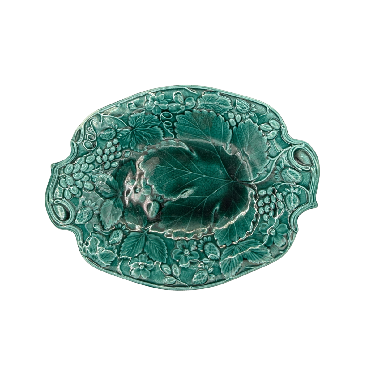 Antique Majolica Strawberry & Grapevine Dish