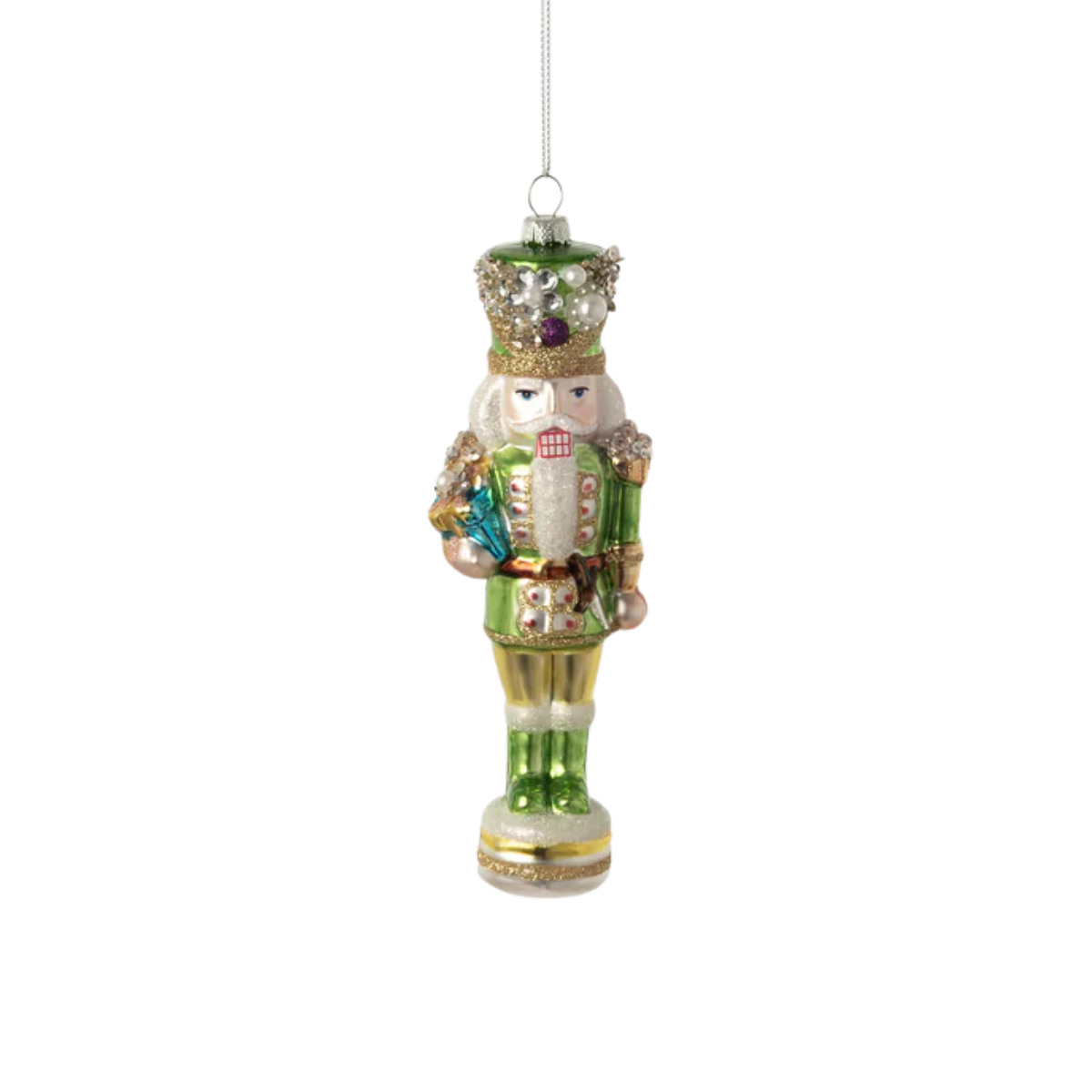 Stately Nutcracker Glass Ornament, Green
