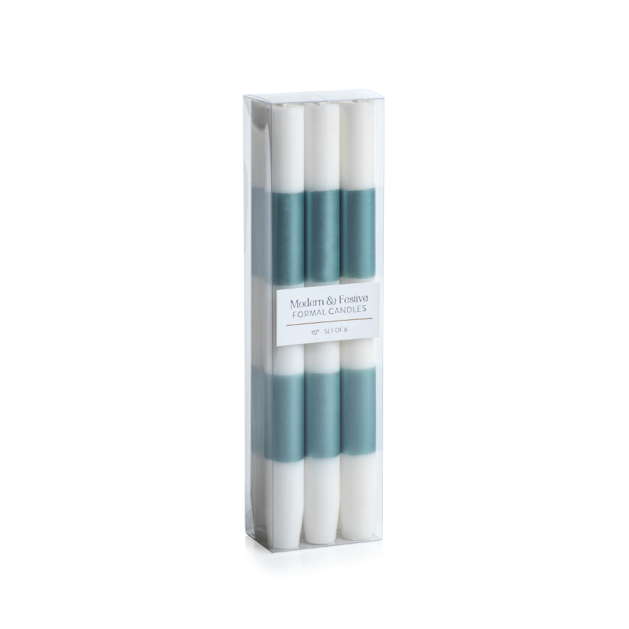 Striped Blue & Ivory Taper Candles, Set of 6