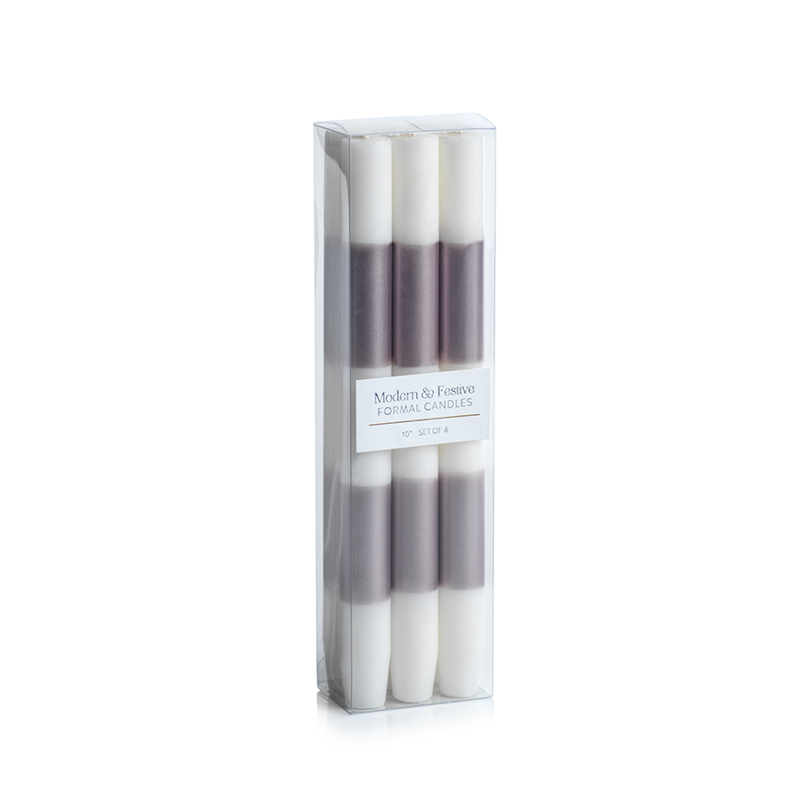 Striped Mauve & Ivory Taper Candles, Set of 6