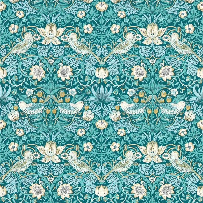 William Morris Strawberry Thief Wallpaper, Teal