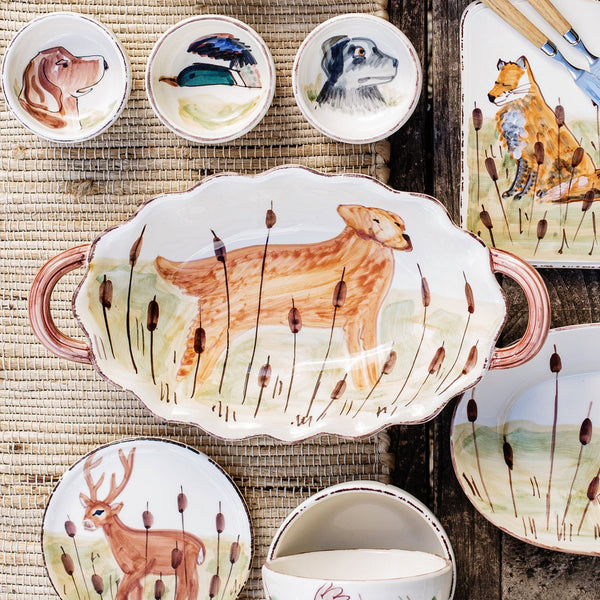 Vietri Wildlife Hunting Dog Handled Oval Bowl