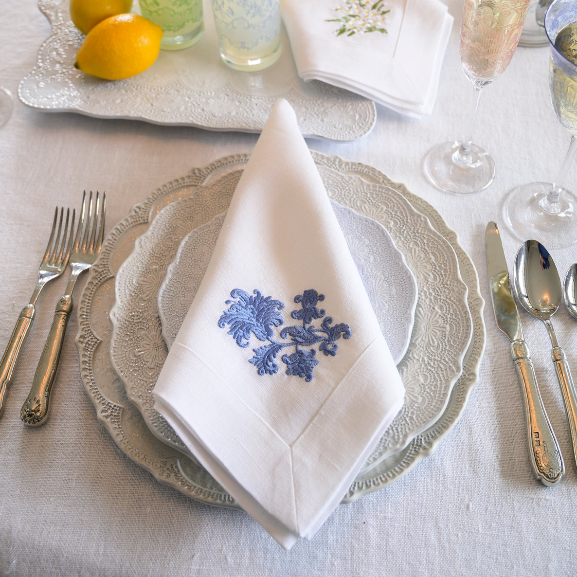 Whimsey Floral Large Napkin, White & Blue
