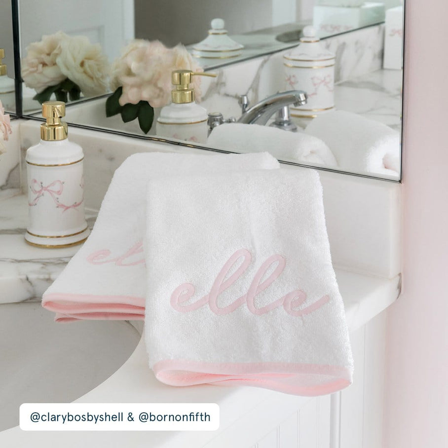 Weezie Signature Hand Towels Pair, Ballet Pink on White