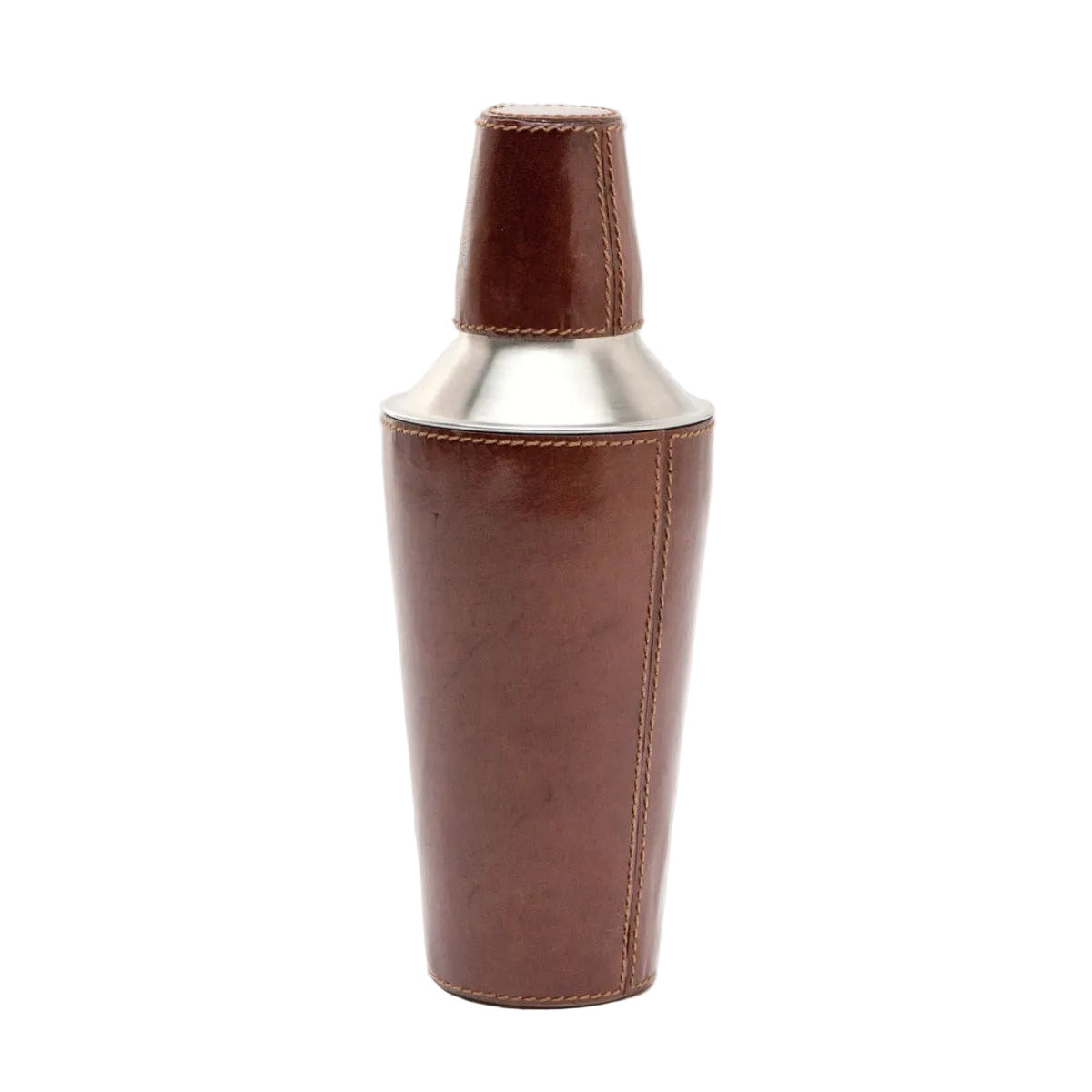 A brown tobacco-colored leather cocktail shaker with a metal shaker top and a strap closure.