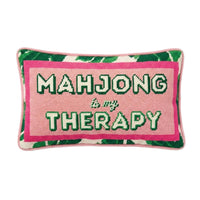 Pillow with 'Mahjong is my Therapy' text on a pink background