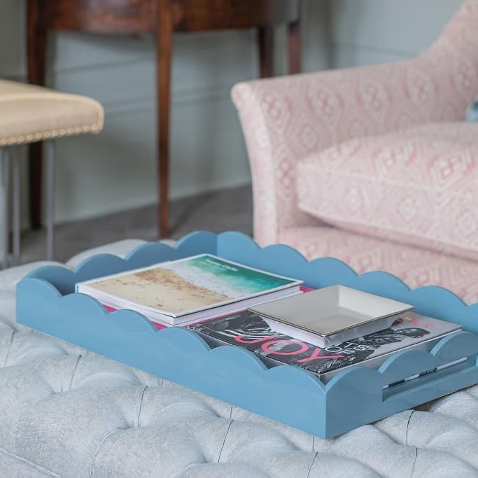 Addison Ross Large Lacquered Scallop Ottoman Tray, Chambray Blue