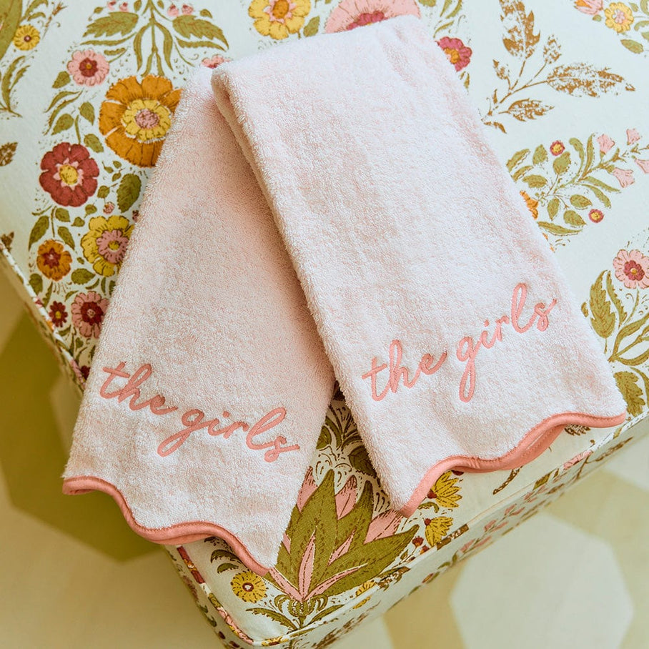 Weezie Scallop Hand Towels Pair, Coral on Ballet Pink