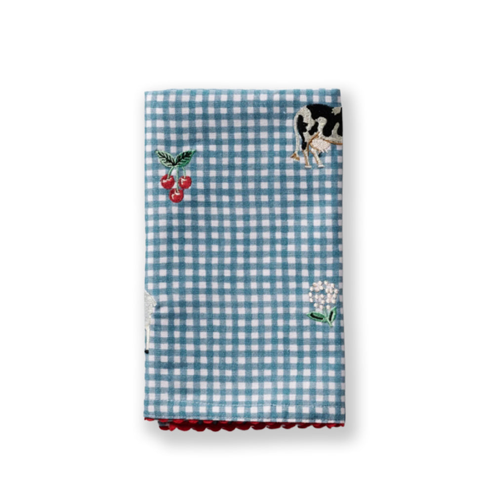 Country Farm Gingham Embroidered Tea Towel
