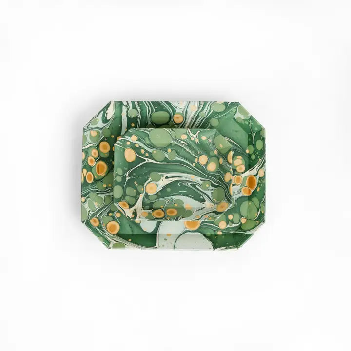 Sasser Octagon Trays, Green Gold Splatter, Set of 2