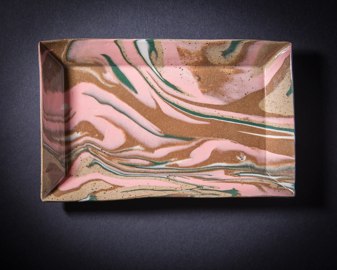 Carmine Marbled Tray, Pink, Brown & Green