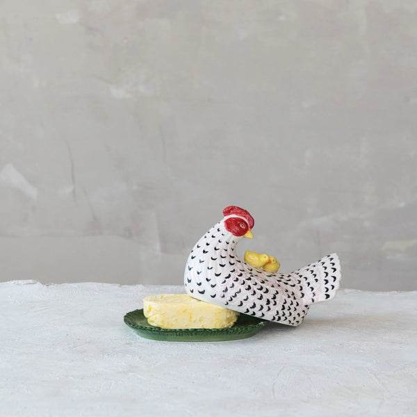 Hand-Painted Hen Shaped Butter Dish with Chicks main image 1
