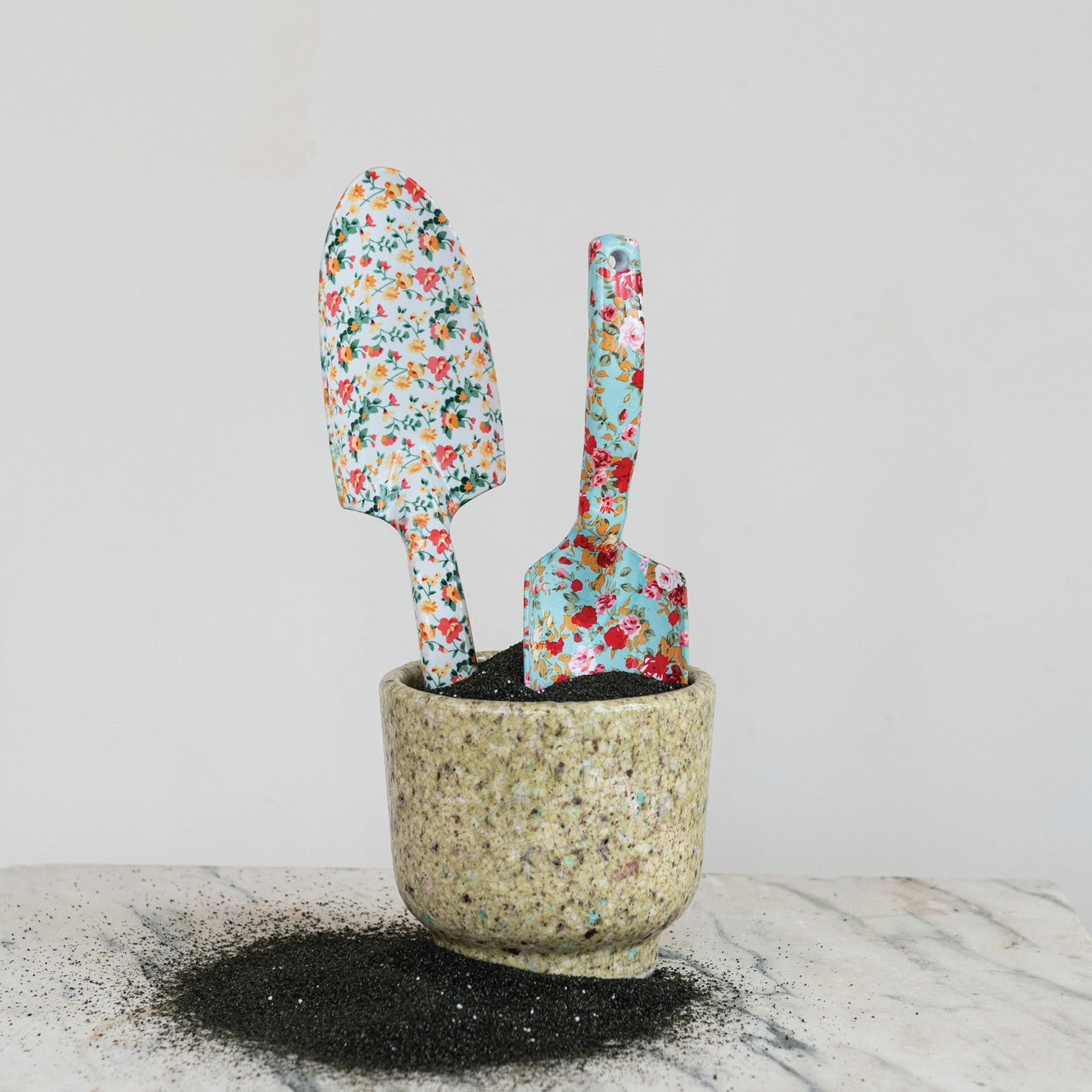 Aluminum Garden Spade with Floral Pattern, Light Teal