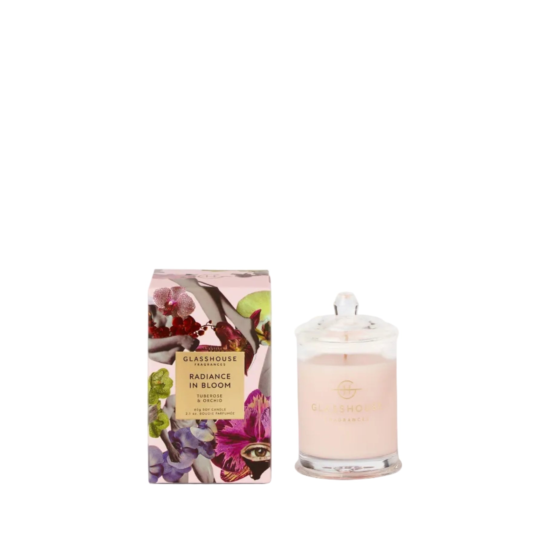 Candle with floral packaging on a white background