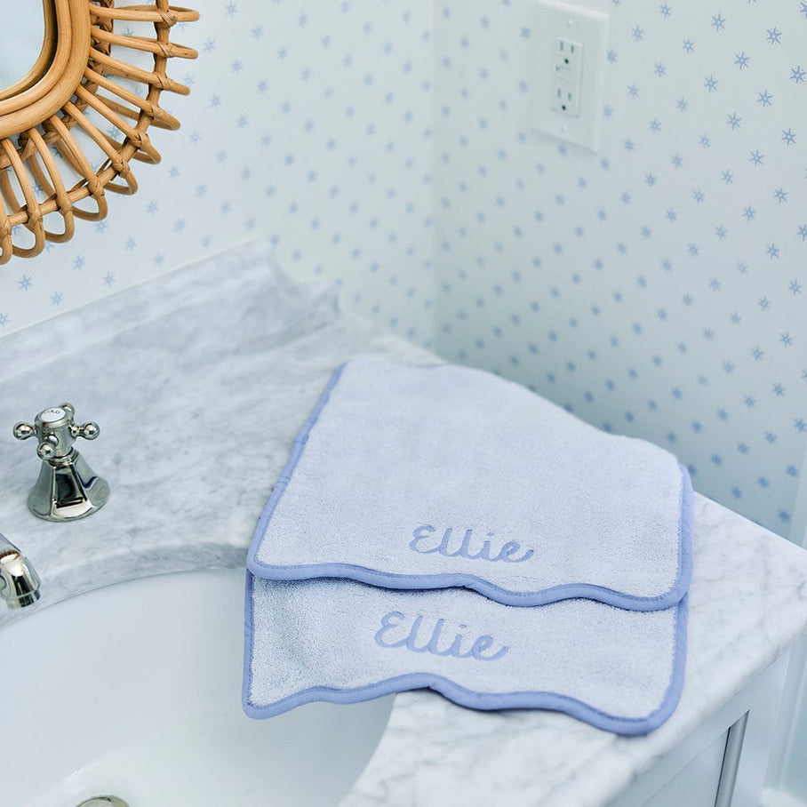 Weezie Scallop Washcloths Pair, French Blue on Light Blue