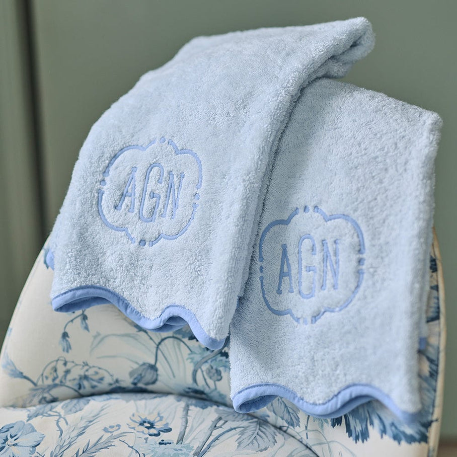 Weezie Scallop Hand Towels Pair, French Blue on Light Blue