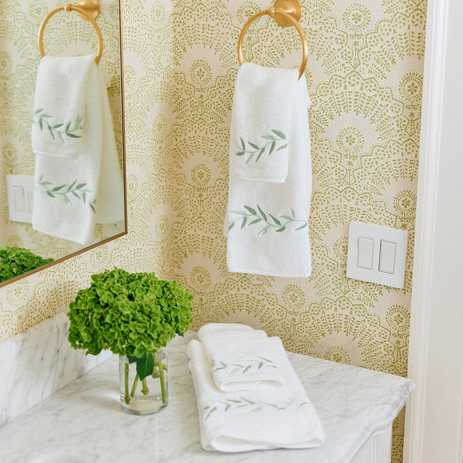 Weezie Willow Embroidered Hand Towels Pair, Green Willow