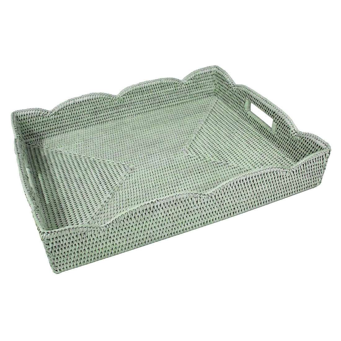 Caspari Rattan Scalloped Large Serving Tray, Green