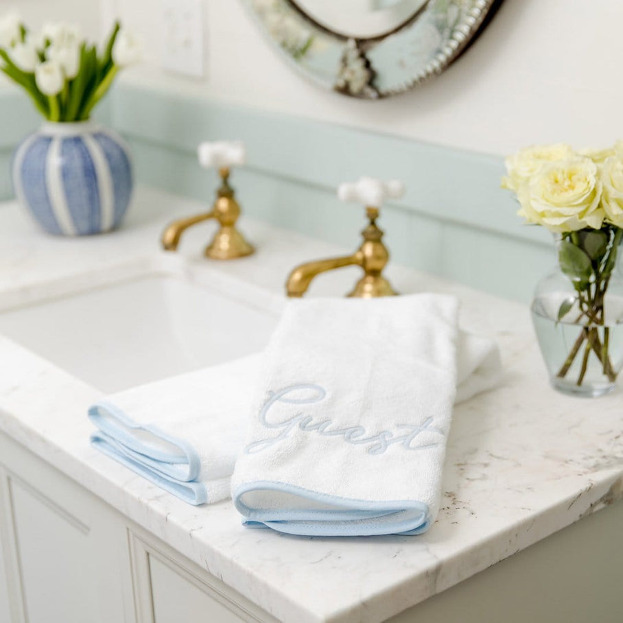 Weezie Signature Hand Towels Pair, Light Blue on White