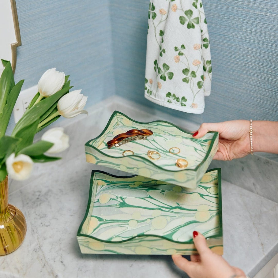 Weezie Large Lacquer Tray, Marbled Moss