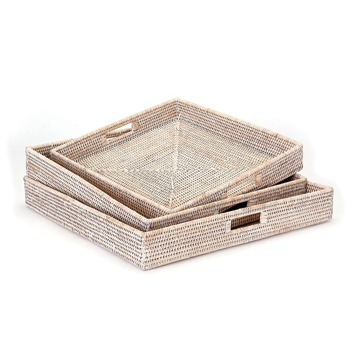 Sarah Whitewashed Rattan Trays, Set of 2