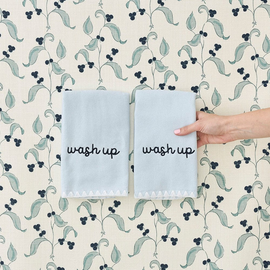 Weezie Stitched Edge Powder Bath Towels Pair, White on Light Blue
