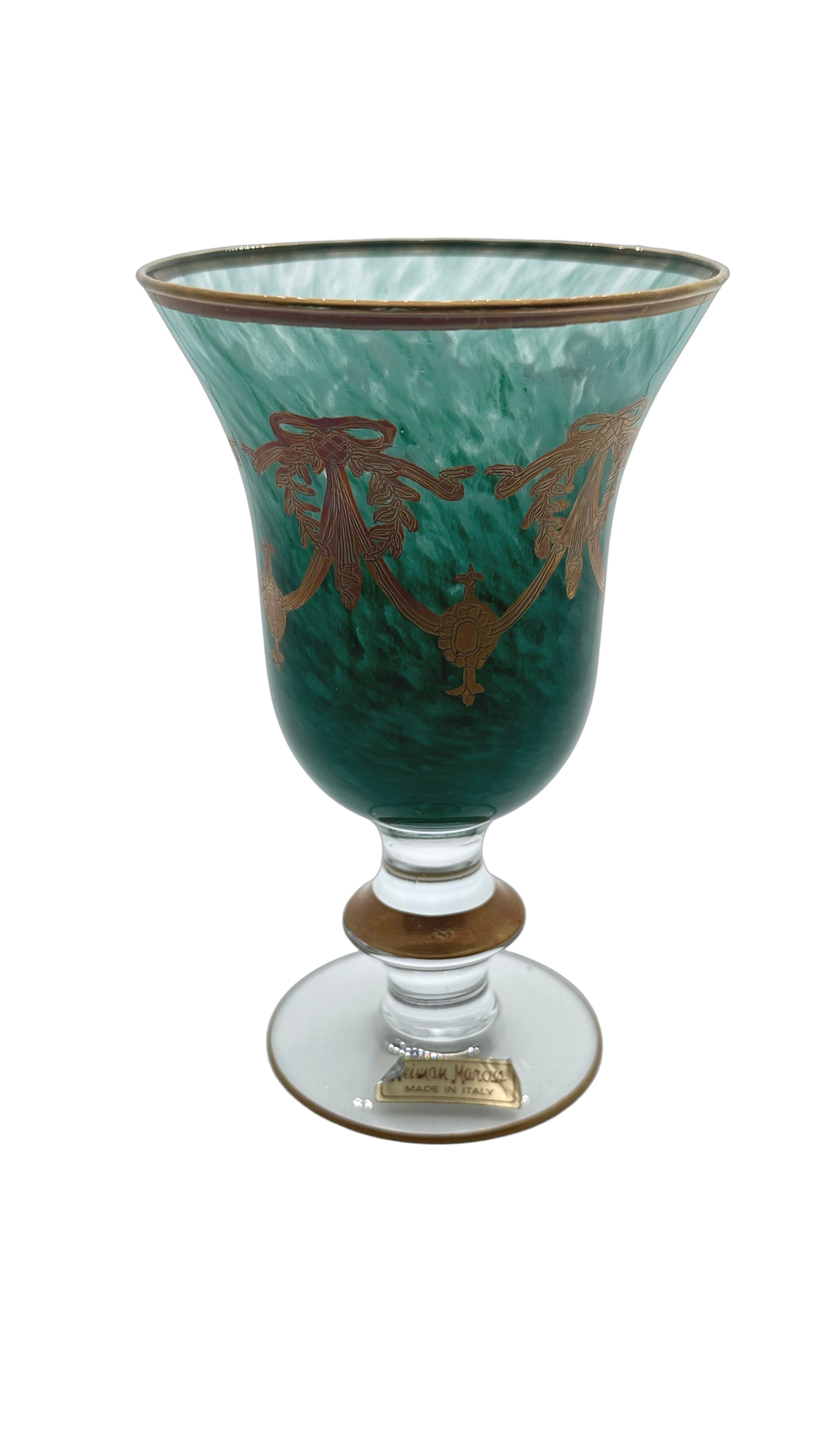Green with Gold Etched Vintage Italian Glass Goblet 