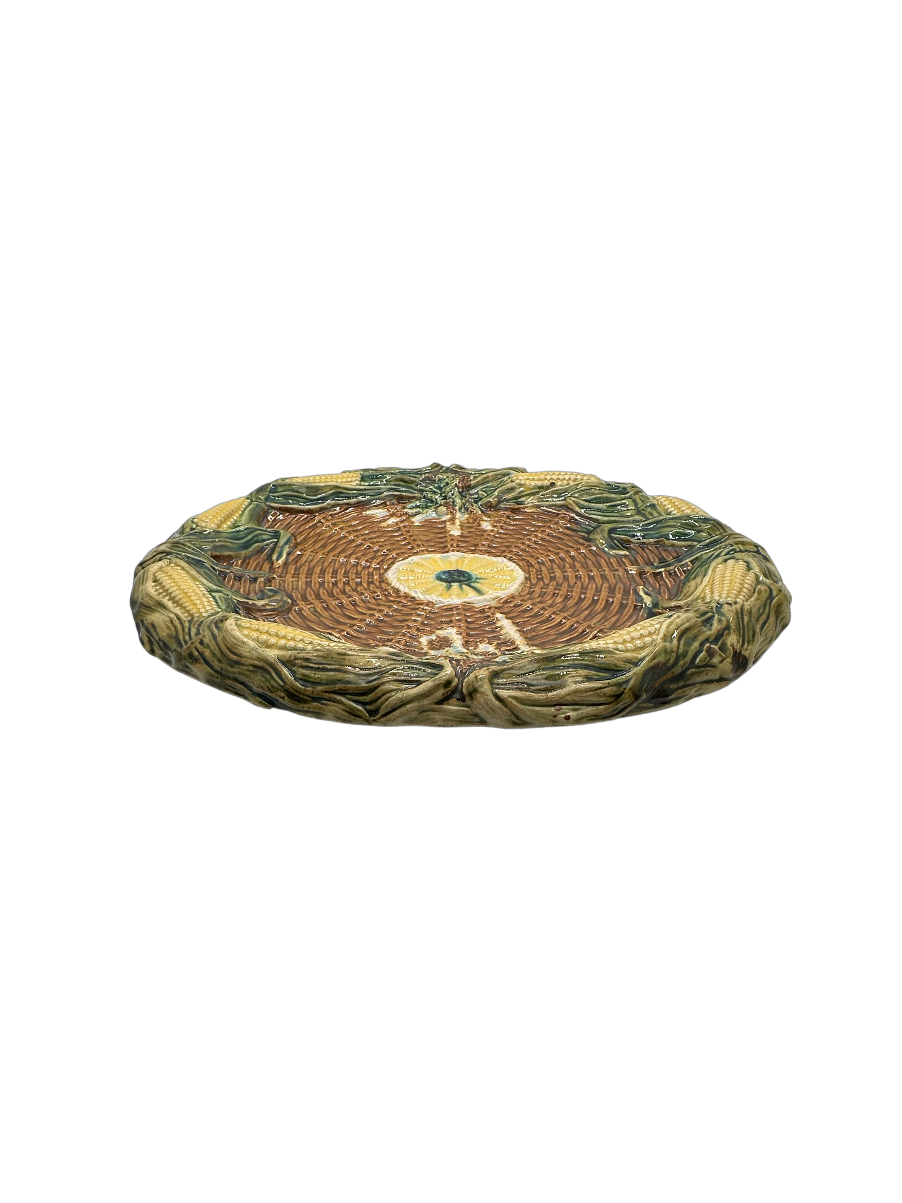Antique Majolica Basketweave and Corn Platter - Hunt and Bloom