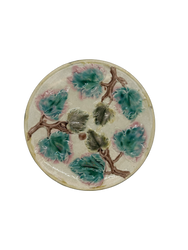 Antique Majolica Cream Plate with Green and Light Pink Leaves - Hunt and Bloom