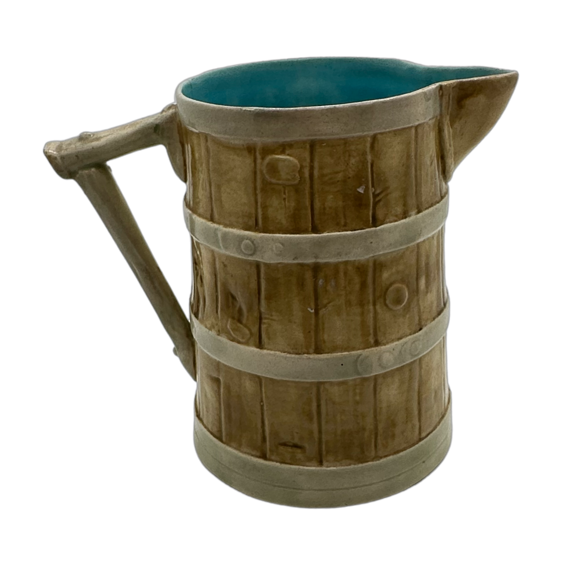 Majolica Barrel with Teal Interior Pitcher - Hunt and Bloom