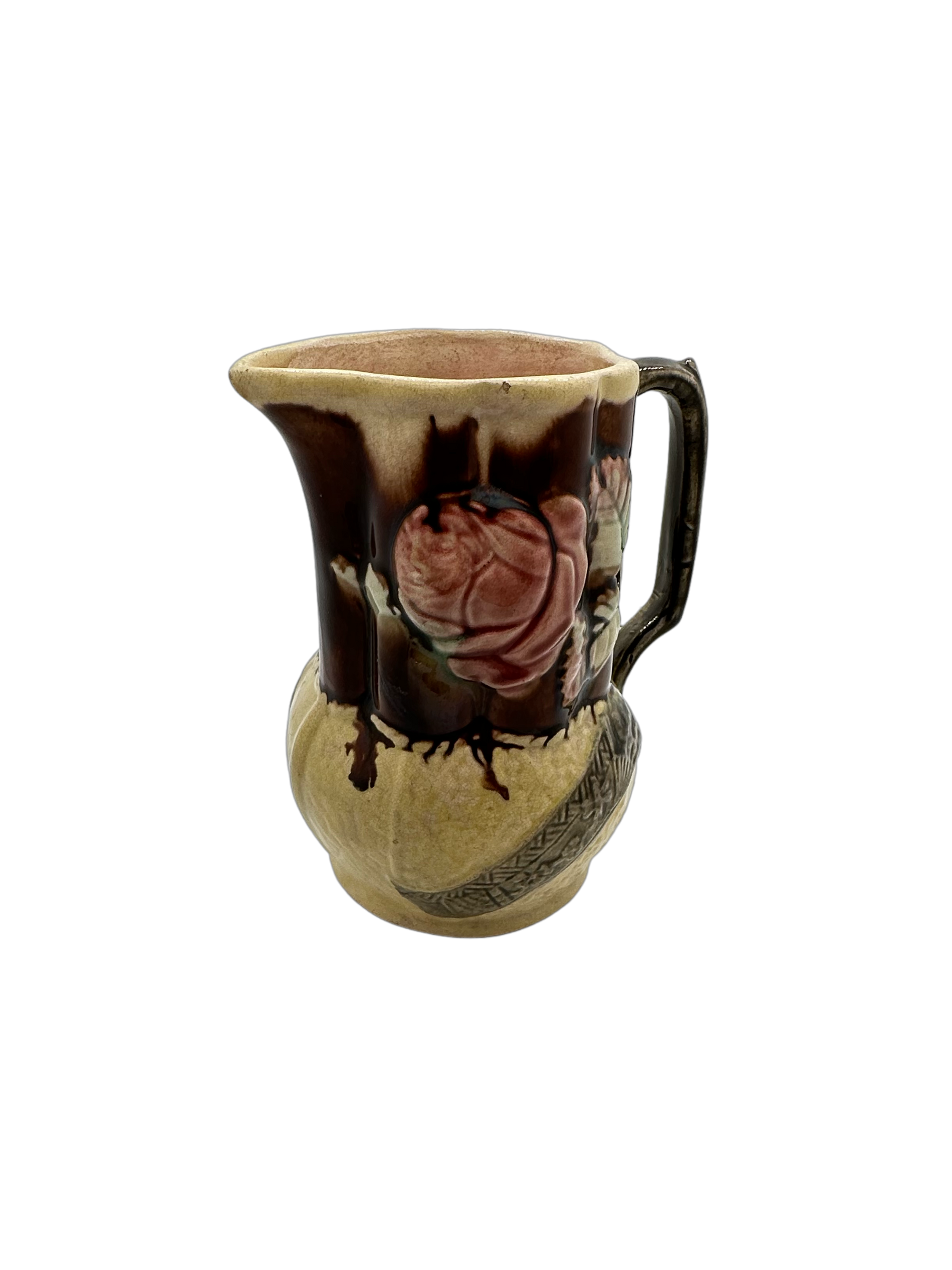 Majolica Pitcher Yellow with Pink Rose - Hunt and Bloom