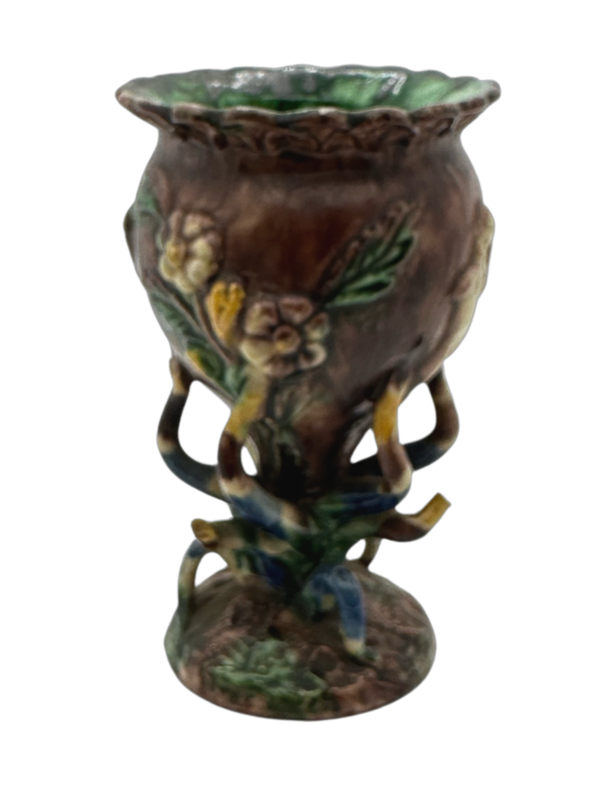 Antique French Palissy brown, yellow and green chalice 