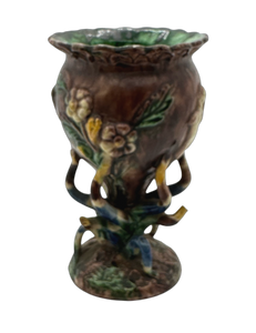 Antique French Palissy brown, yellow and green chalice 