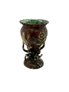 Antique French Palissy brown, yellow and green chalice 