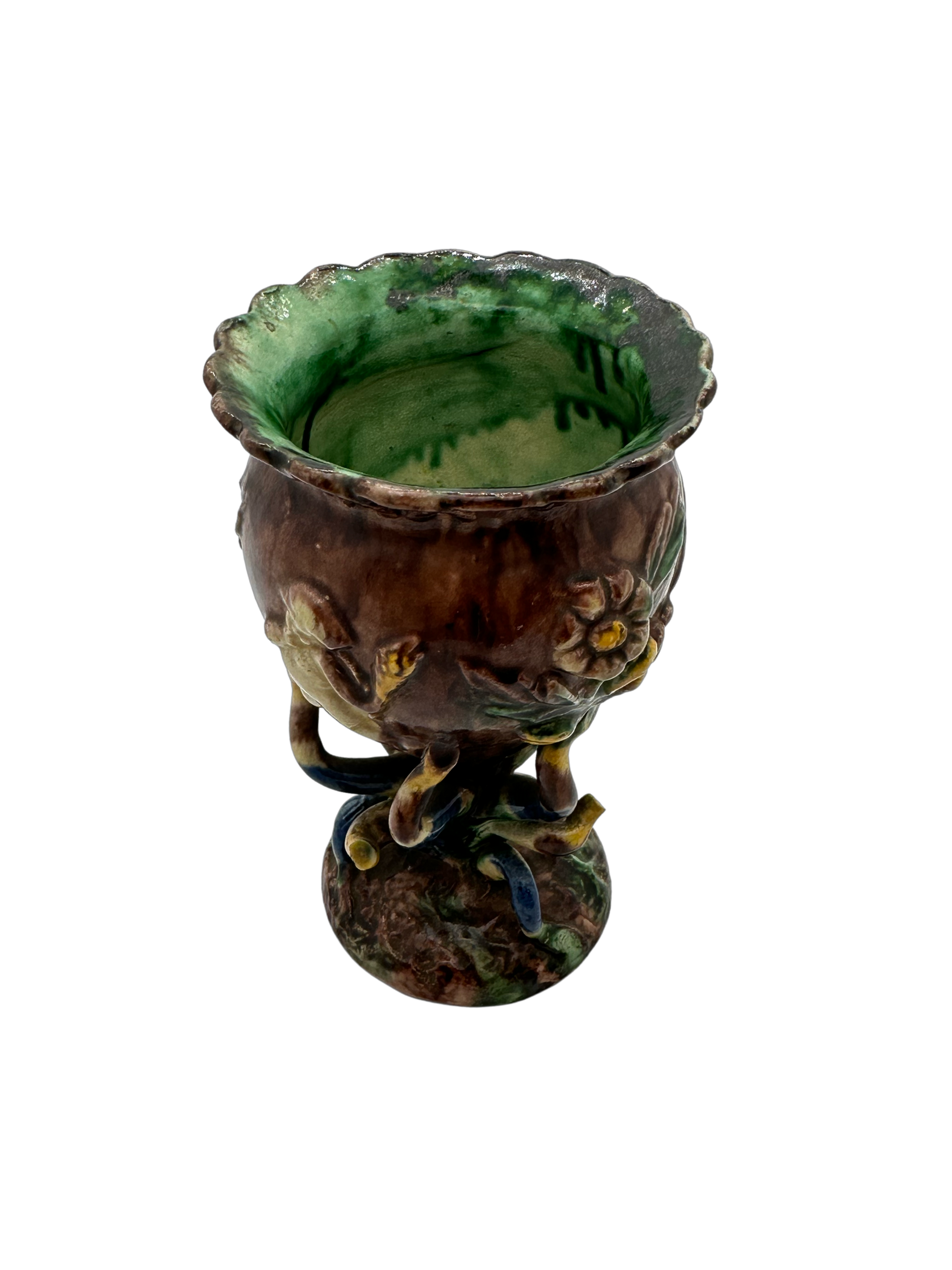 Antique French Palissy brown, yellow and green chalice 