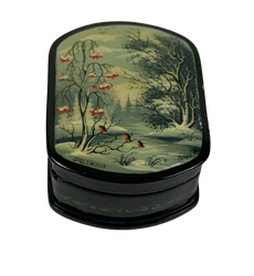 Vintage Fedoskino Lacquer Box - Snow Covered Trees w Red Flowers - Hunt and Bloom