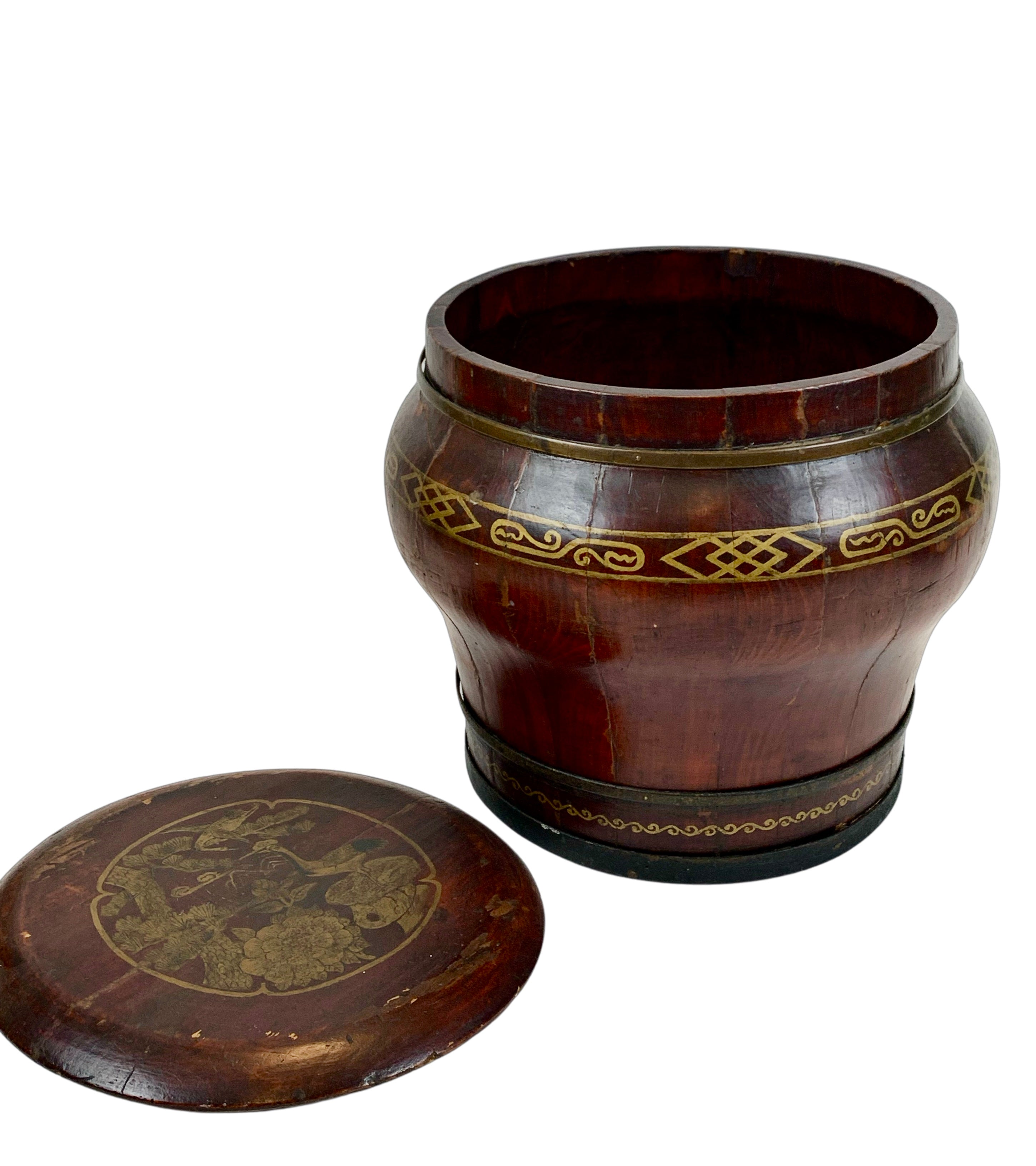 Antique Brown Asian Lidded Rice Container with Gold Painted Details 