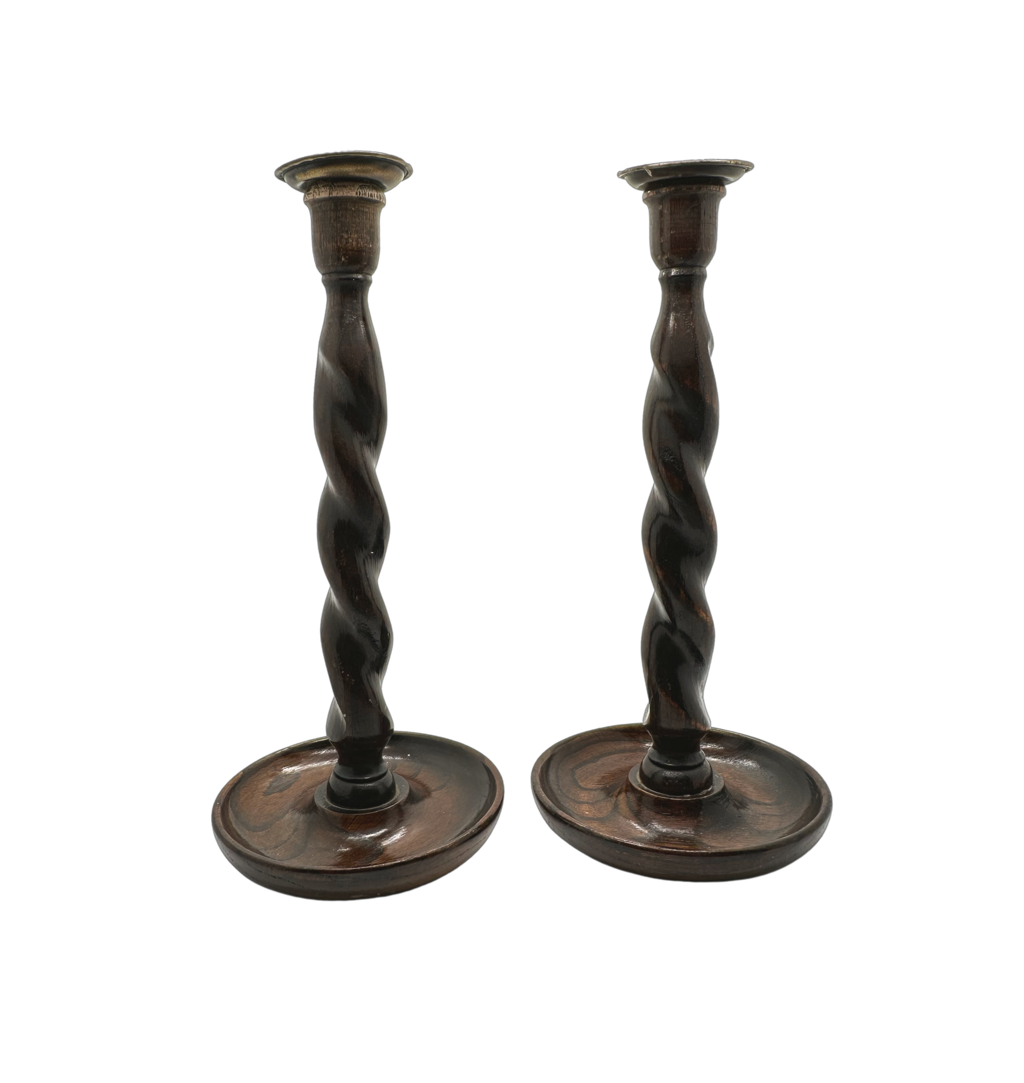 Pair of antique barley twist candlesticks with brass cap tops