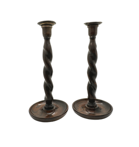 Pair of antique barley twist candlesticks with brass cap tops