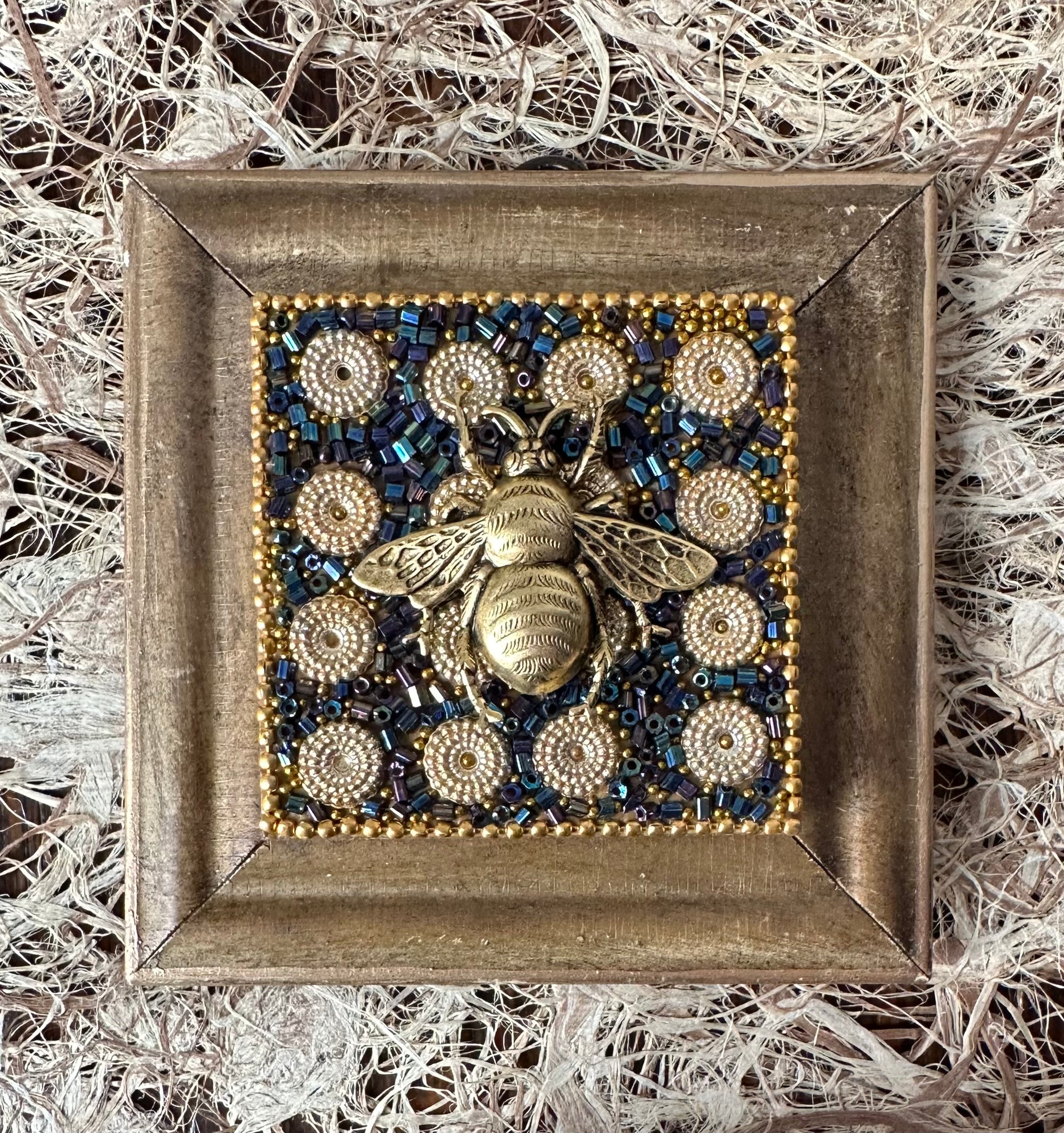 Museum Bee, Gilt Frame with Grande Bee on Beaded Block - Hunt and Bloom