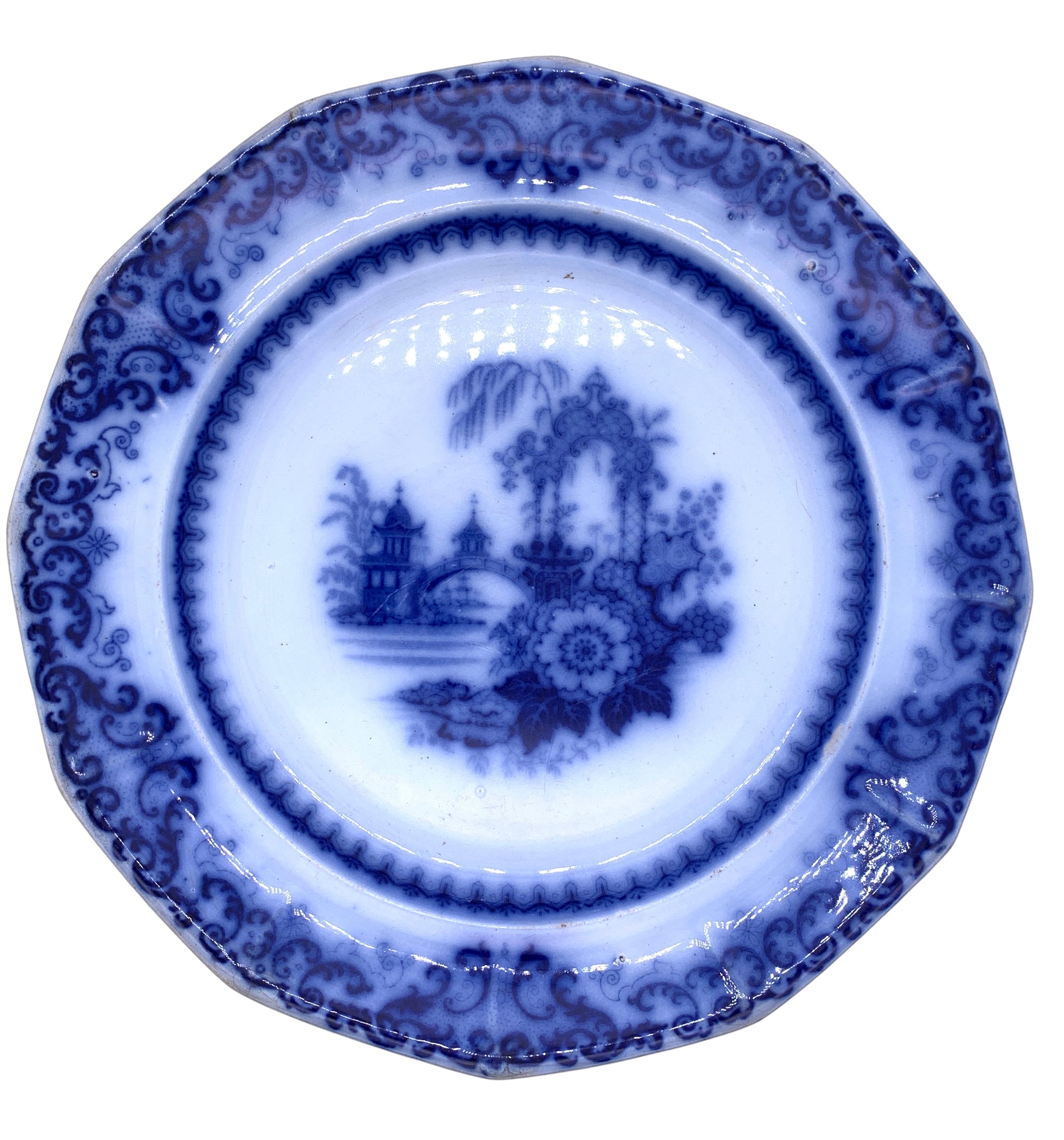 Antique Podmore & Walker Flow Blue Plate - Hunt and Bloom