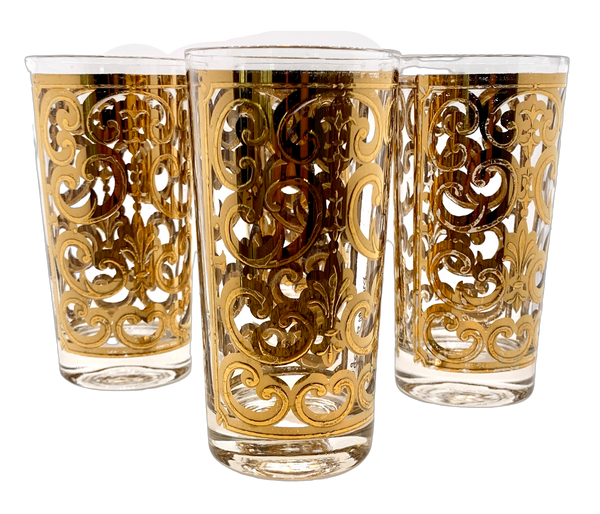 SET of 4- GEORGES BRIARD HIGH outlet BALL GLASSES. SPANISH GOLD AND BLUE PATTERN.